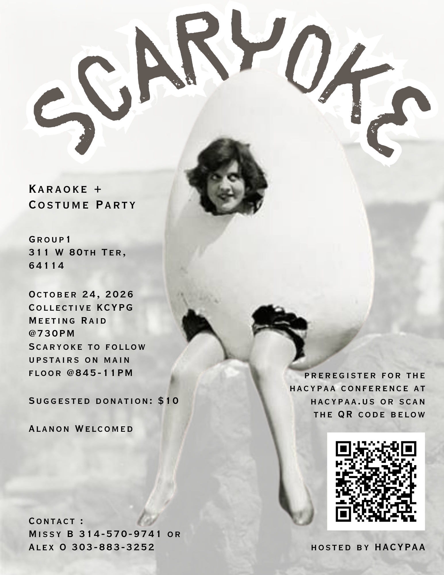 Scaryoke flyer featuring an egg costume
